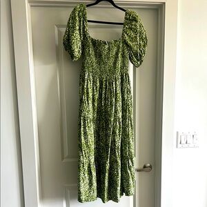 Green Abercrombie Smocked Bodice Linen-Blend Midi Dress